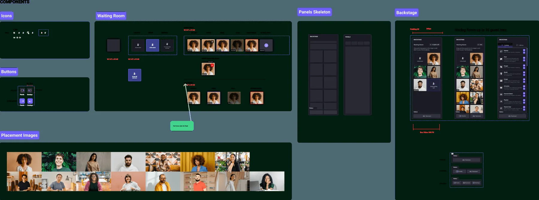 Maestro UI Kit and design system components including icons, buttons, waiting room states, panels and backstage layouts