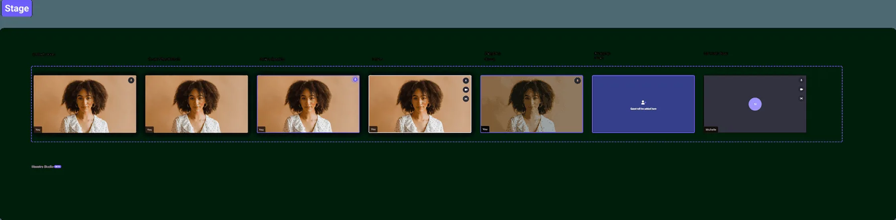 Stage component states including default mute, active speaker, hover, dragging and no video feed