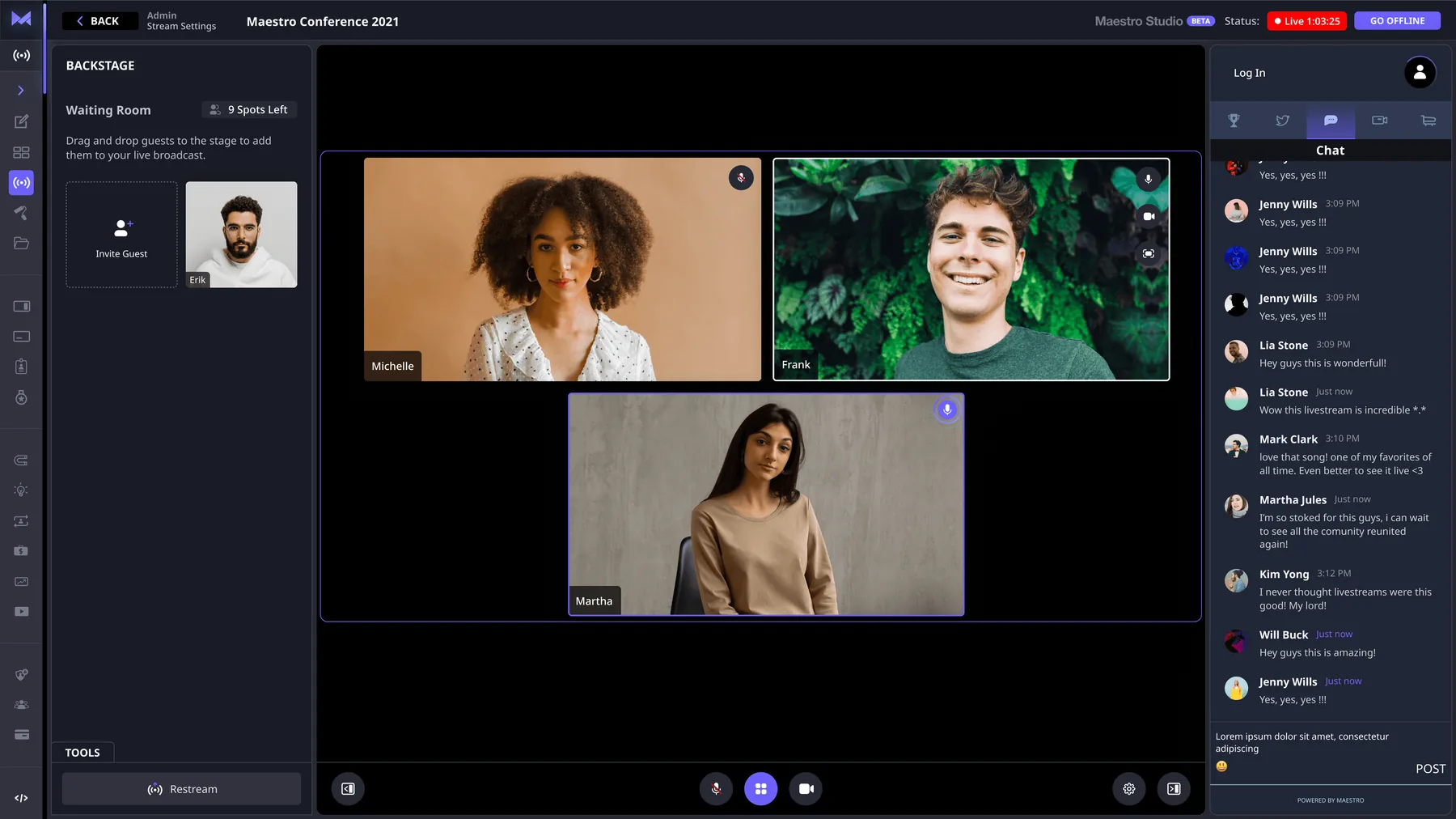 Maestro Studio host view with a live backstage panel, multi-guest stage, and audience chat