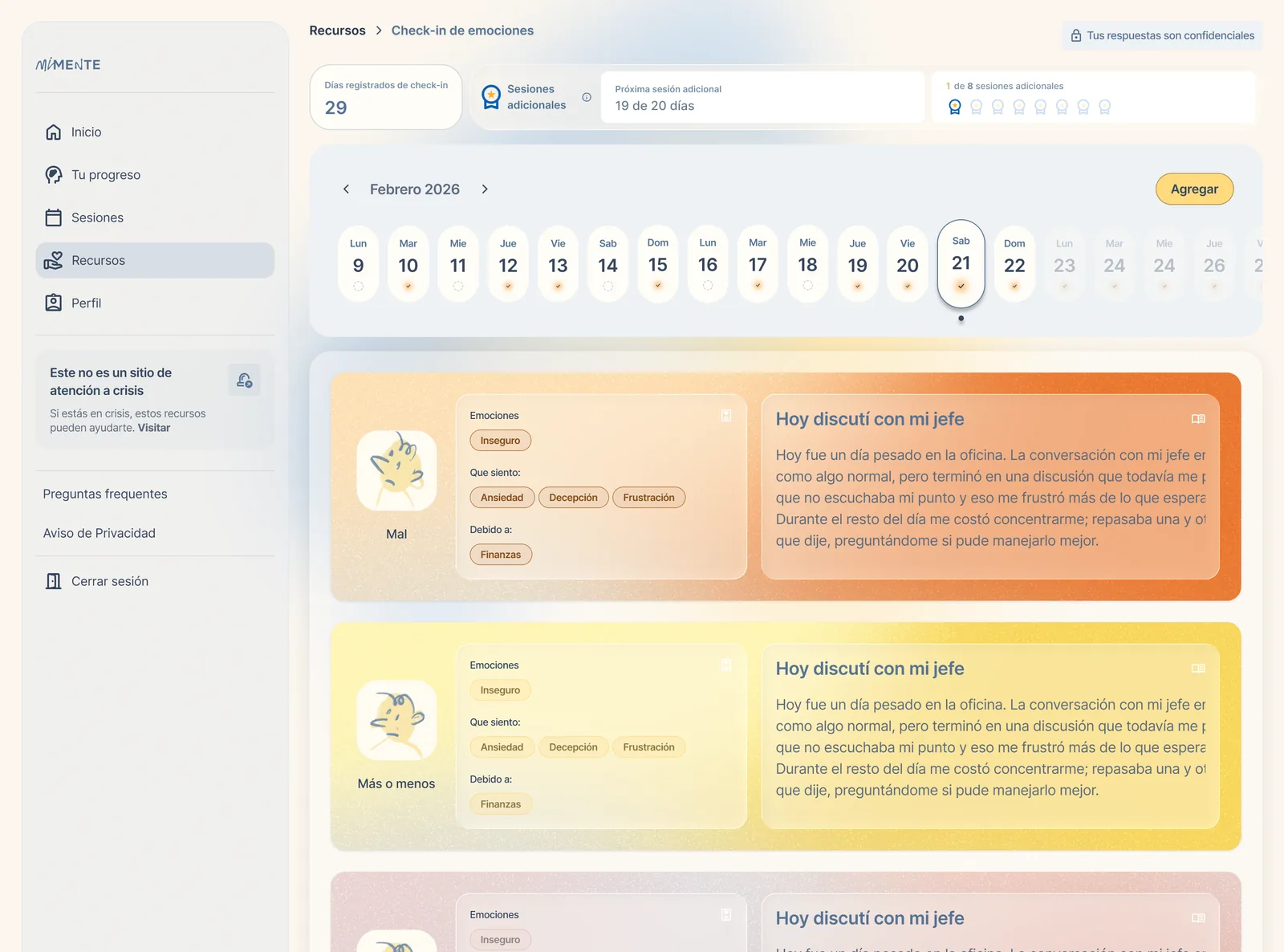 MiMente emotion check-in calendar showing daily streaks and unlocked bonus sessions