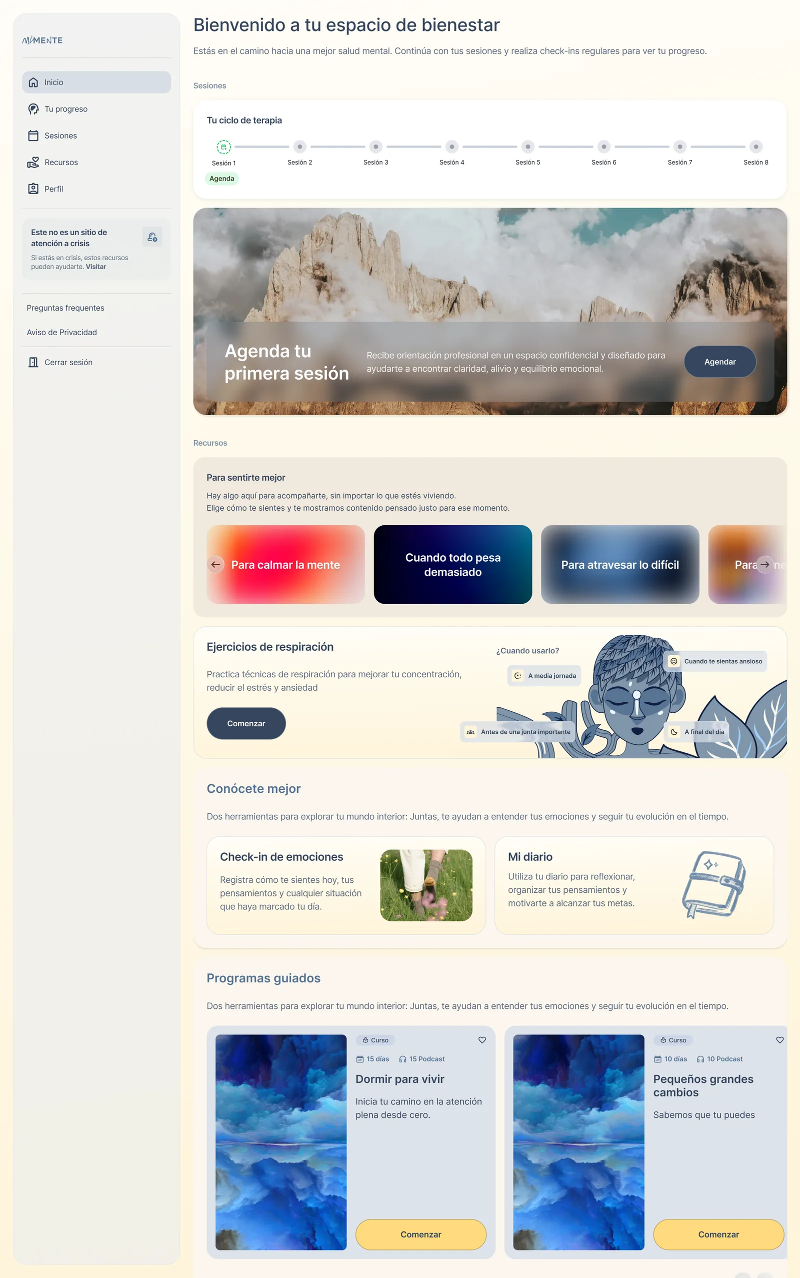 MiMente home dashboard showing the therapy session cycle, wellbeing resources, and emotion check-in tools