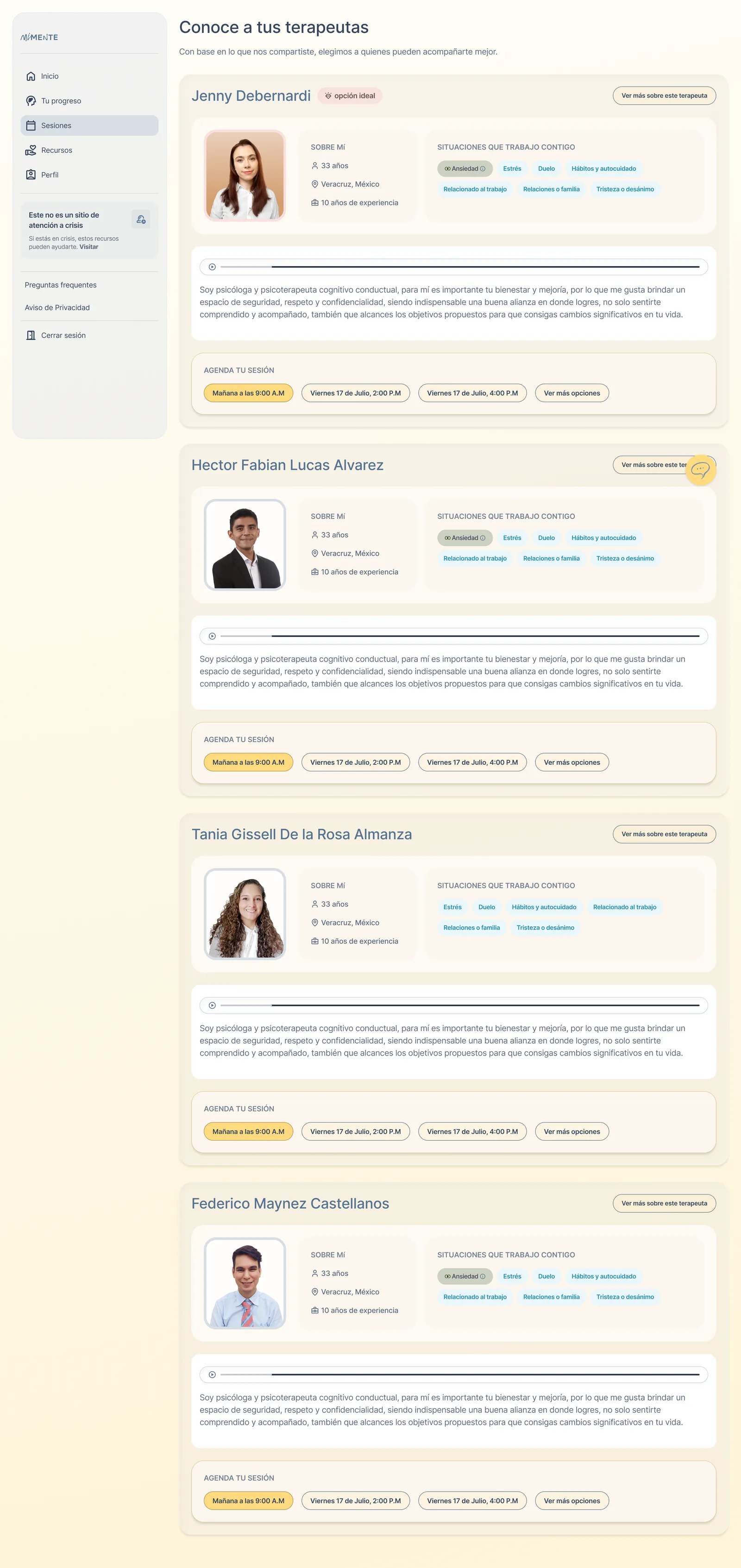 MiMente therapist matching screen showing recommended therapists with availability and booking slots