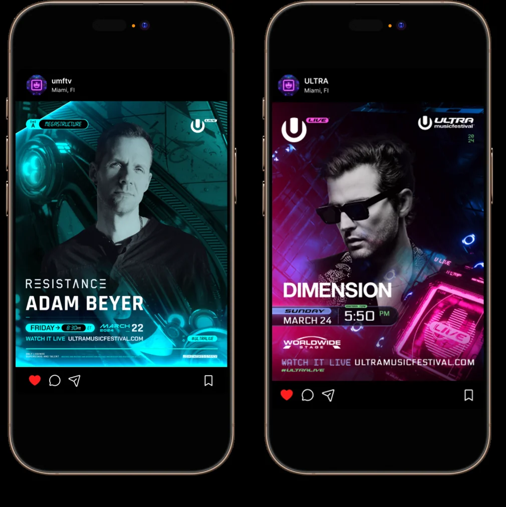 Instagram promo posts announcing Adam Beyer on Resistance's Megastructure stage and Dimension on the Worldwide stage